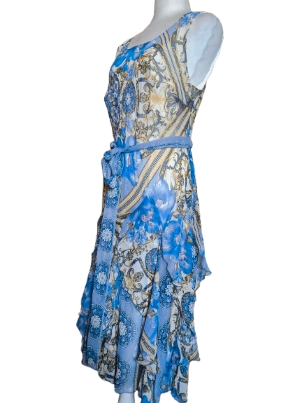 Robbie Bee Sleeveless Blue & Cream Paisley Hankercheif Midi Dress with Tie Waist - Picture 8 of 9